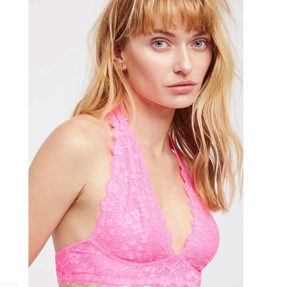 Intimately Free People XS Galloon Lace Halter Bra Bralette Pink Boho Halter Sexy - Picture 1 of 7